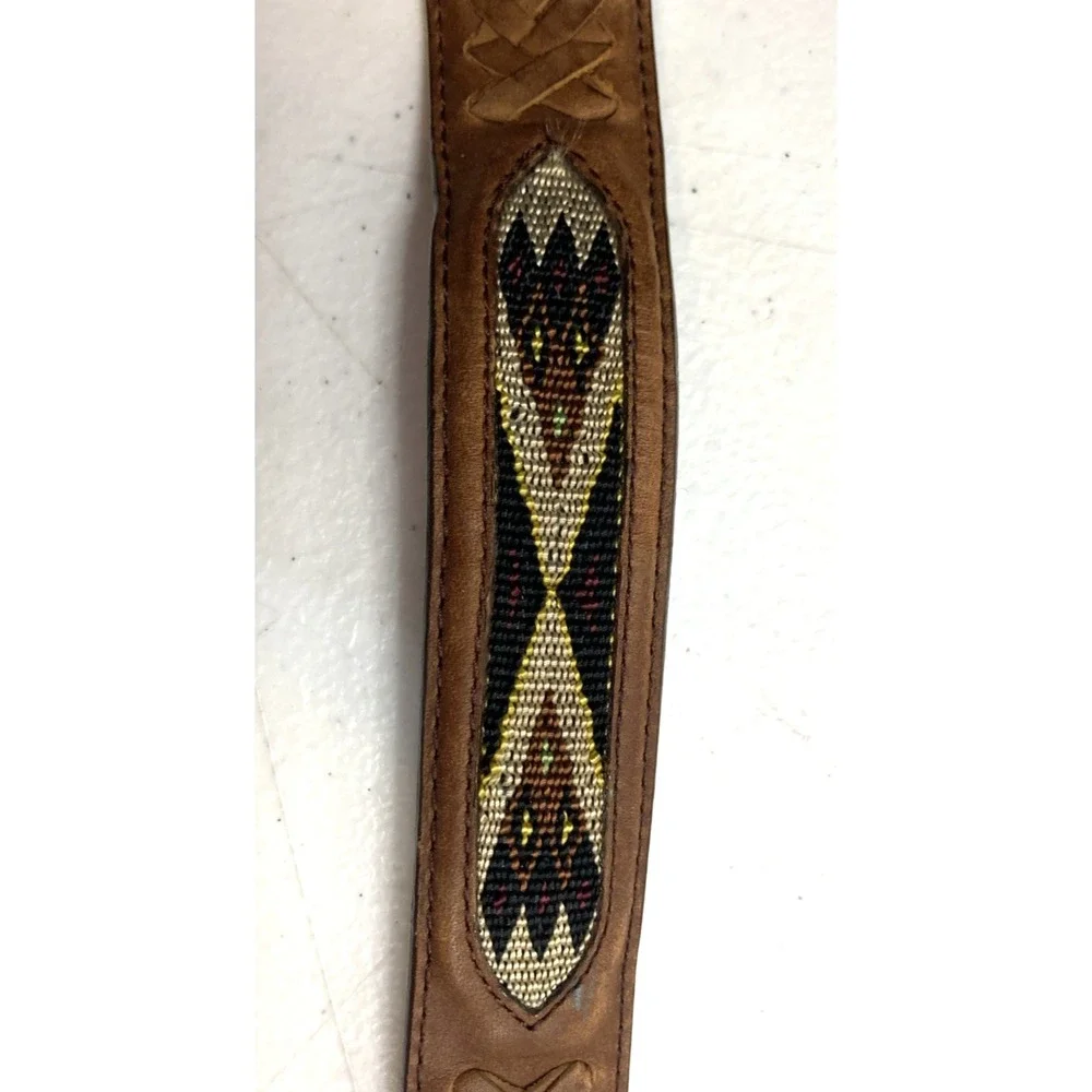 New Brighton Belt Brown Leather Southwestern Woven‎ Inlay Cowboy sz 32